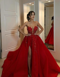 Red Charming Layered Beaded V Neck Satin Long Prom Dress Party Dress with Slit HZ1023