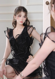 Black A Line V Neck Ruffle Layered Tulle Short Homecoming Dress Outfits HZ1023