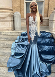 Blue Velvet Appliques Bead Meemaid Long Prom Dress Formal Evening Dress HZ1023