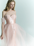 Shiny Pink Mermaid Off the Shoulder Tulle Sequin Party Dress Prom Dress Formal Gown HZ1023