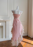 Pink A Line Spaghetti Strap Beaded Lace Homecoming Dress Birthday Dress HZ1023