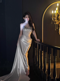 Exquisite Beaded Ivory Mermaid Sweetheart Neck Pleated Satin Prom Dress Party Dress HZ1023