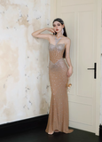 Exquisite Rhinestone Champagne Mermaid Sweetheart Neck Black Tulle Long Evening Dress Gown Dress HZ1023