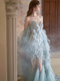 Dreamy Blue Mermaid Sweetheart Neck Feather Tulle Prom Dress Party Dress HZ1023