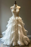 Elegant A Line Halter Ivory Ruffle Tulle Long Prom Dress Evening Dress HZ1023