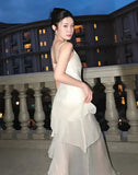 Elegant Sheath Spaghetti Strap Ruffle Ivory Chiffon Prom Dress Evening Dress HZ1023