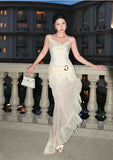 Elegant Sheath Spaghetti Strap Ruffle Ivory Chiffon Prom Dress Evening Dress HZ1023