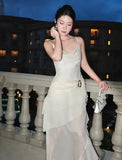 Elegant Sheath Spaghetti Strap Ruffle Ivory Chiffon Prom Dress Evening Dress HZ1023