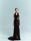 Imperial Burgundy Mermaid Halter Sequin Long Sweep Prom Dress Evening Dress HZ1023