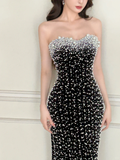 Unique Pearl Mermaid Sweetheart Neck Black Satin Long Date Dress Evening Dress Prom Dress HZ1023