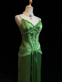 Elegant Green A Line Spaghetti Straps Beaded Pleated Satin Prom Dress Evening Dress HZ1023