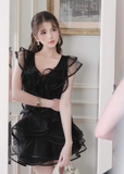 Black A Line V Neck Ruffle Layered Tulle Short Homecoming Dress Outfits HZ1023