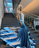 Blue Velvet Appliques Bead Meemaid Long Prom Dress Formal Evening Dress HZ1023