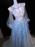 Exquisite Beaded Long Sleeve Blue Feather Tulle Date Dress Evening Dress Prom Dress HZ1023