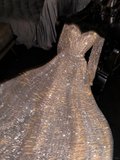 Shiny A Line Long Sleeve Silver Sequin Long Prom Dress Evening Dress HZ1023