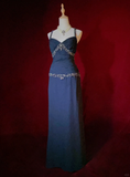 Retro Navy Blue A Line Spaghetti Strap Beaded Appliques Satin Prom Dress Evening Dress HZ1023