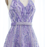 Lilac A Line V Neck Sequin Beaded Tulle Long Prom Dress Evening Dress HZ1023