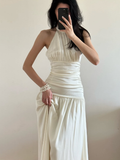 Simple Ivory A Line Halter Pleated Satin Slit Open Back Evening Dress Party Dress HZ1023