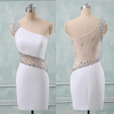 White One Shoulder Sexy Backless Mini Party Dress Beaded Homecoming Dress HZ1023