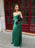 Simple Emerald Green A Line Spaghetti Strap Satin Open Back Prom Dress Wedding Guest Dress HZ1023