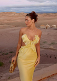 Ruffle Mermaid Spaghetti Straps Yellow Chiffon Satin Open Back Prom Dress Evening Dress HZ1023