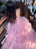 Pink Ball Gown Strapless Corset Layered Organza Prom Dress 16th Birthday Dress HZ1023
