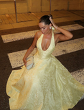 Yellow A Line Halter Satin Open Back Prom Dress Party Dress HZ1023