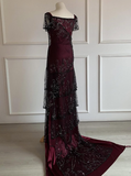Retro Rose Sheath Straps Beaded Black Tulle Burgundy Satin Long Party Dress Date Dress HZ1023