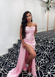 Pink A Line Strapless Corset Satin Long Prom Dress Evening Dress with Slit HZ1023