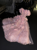 Princess A Line Off the Shoulder Pink Feather Flower Sequin Prom Dress Evening Dress HZ1023