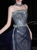 Shiny Grey A Line Strapless Rhinestone Tulle Long Prom Dress Party Dress HZ1023
