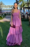 Elegant Purple Square Neck Layered Ruffles Long Prom Dress HZ1023