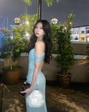 Baby Blue A Line Off the Shoulder Sequin Satin Long Prom Dress Graduation Prom Dress HZ1023