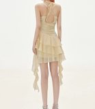 Flowy A Line Halter Layered Yellow Chiffon Open Back Short Homecoming Dress Cocktail Dress HZ1023