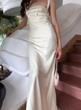 Simple Ivory A Line Straps Satin Long Wedding Guest Dress Party Dress HZ1023