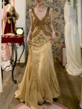 Vintage Exquisite Mermaid Straps Beaded Chiffon Prom Dress Wedding Guest Dress HZ1023