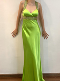 Vintage Sheath Strap Beaded Sequin Green Satin Open Back Prom Dress Evening Dress HZ1023