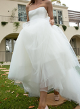 Simple A Line Strapless White Satin Tulle Long Wedding Dress HZ1023