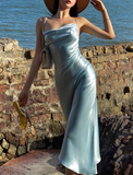 Simple Blue Sheath Spaghetti Strap Satin Open Back Prom Dress Party Dress HZ1023