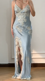 Vintage Sheath Spaghetti Strap Lace Baby Blue Satin Party Dress Evening Dress with Slit HZ1023