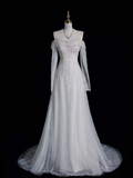 Silver Sequin A Line Long Sleeve White Tulle Wedding Dress Prom Dress HZ1023