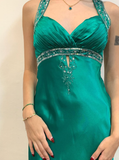Vintage Sheath V Neck Sequin Beaded Green Satin Open Back Prom Dress Evening Dress HZ1023