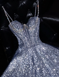 Shiny A Line Spaghetti Strap Rhinestone Silver Sequin Long Prom Dress Graduation Prom Dress HZ1023