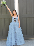 A Line Straps Polka Dots Layered Tulle Long Prom Dress Evening Dress HZ1023