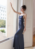 Simple Navy Blue Mermaid Spaghetti Strap Satin Open Back Long Evening Dress Gown Dress HZ1023