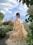Flowy A Line Spaghetti Strap Floral Yellow Chiffon Prom Dress Vacation Dress HZ1023