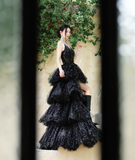 Sexy Ball Gown Spaghetti Straps Black Sequin Layered Tulle Prom Dress Evening Dress 16th Birthday Dress HZ1023