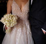 2025 New A Line Spaghetti Strap Beaded Tulle Long Sweep Wedding Dress HZ1023