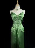 Elegant Green A Line Spaghetti Straps Beaded Pleated Satin Prom Dress Evening Dress HZ1023