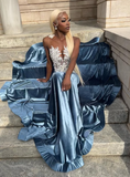 Blue Velvet Appliques Bead Meemaid Long Prom Dress Formal Evening Dress HZ1023